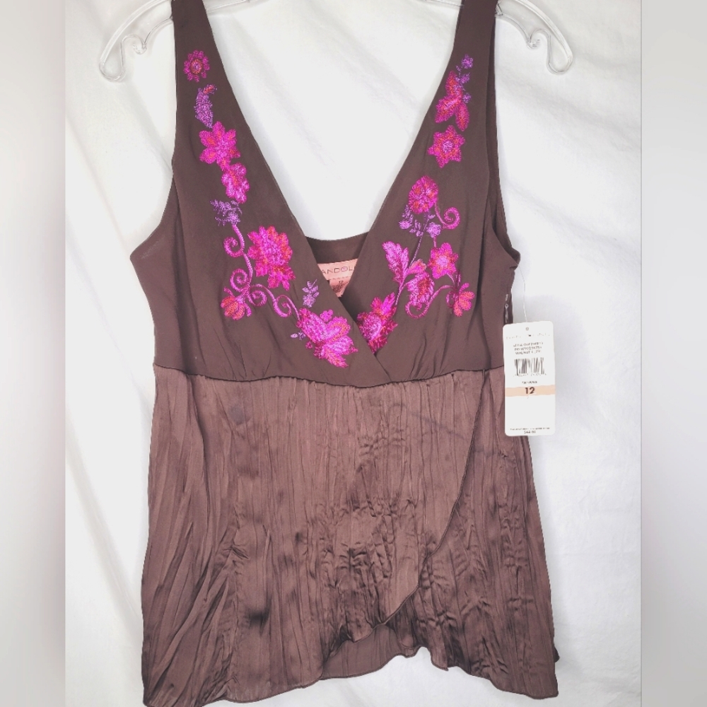 Bandolino Brown Tank Top with Pink Floral Embroidery